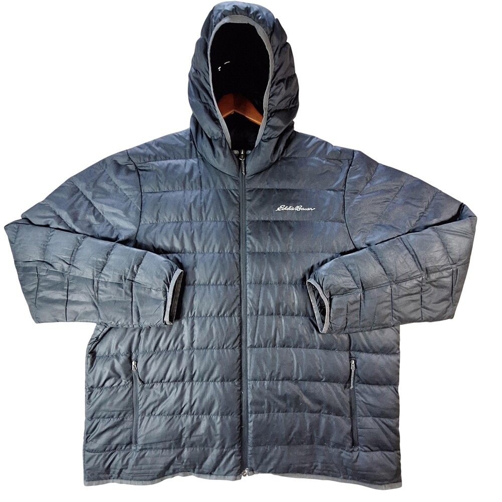 Eddie Bauer Jacket Mens 2XL Gray EB650 Down Puffer Hooded Zip Pockets Winter
